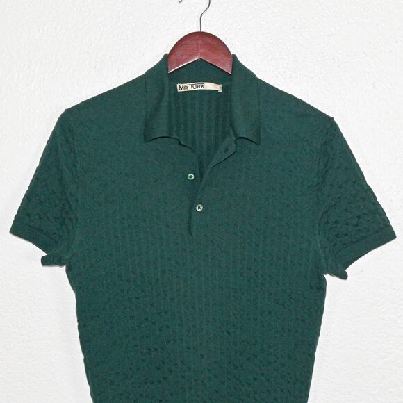 MR TURK Men's Knit Polo Shirt Merino wool Green fits size Small - Picture 2 of 6